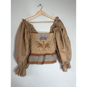 NEW Lug Von Siga Smocked Embroidered Long Sleeve Crop Top Brown Size: 4